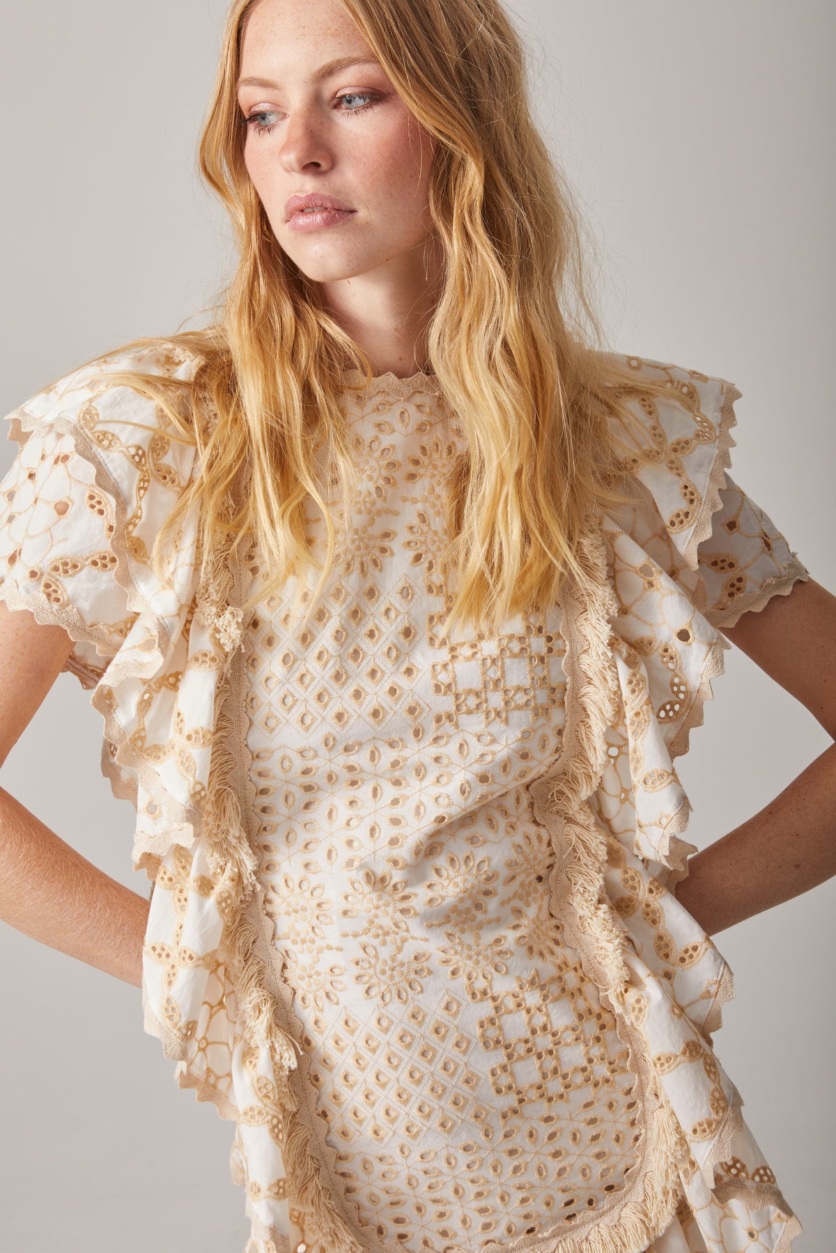 EMBROIDERED VOILE DRESS WITH FRINGE