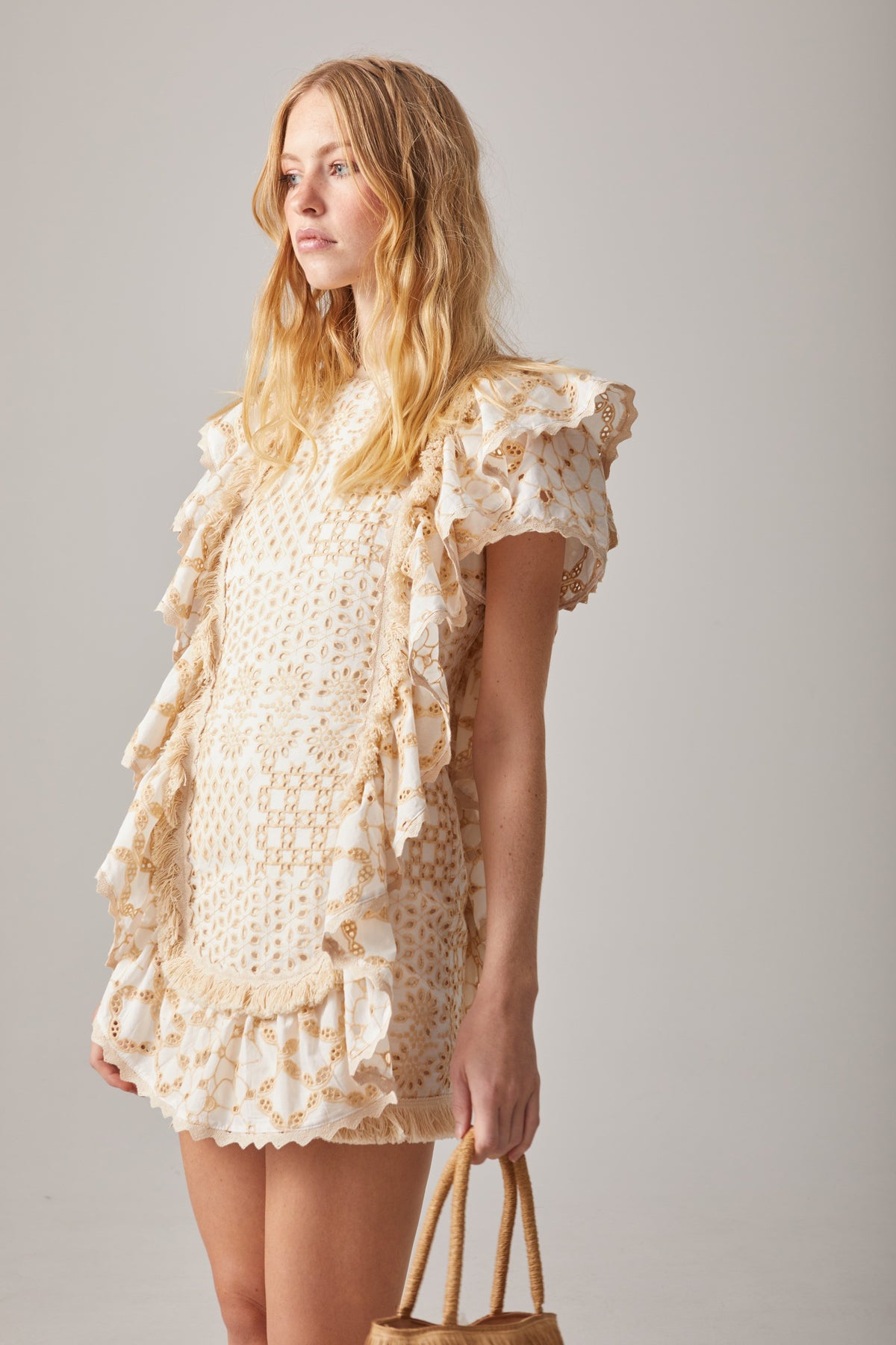 EMBROIDERED VOILE DRESS WITH FRINGE