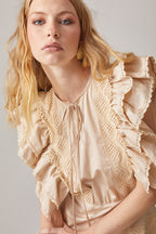 BEIGE ROMANTIC DRESS WITH RUFFLES AND LACE TRIM