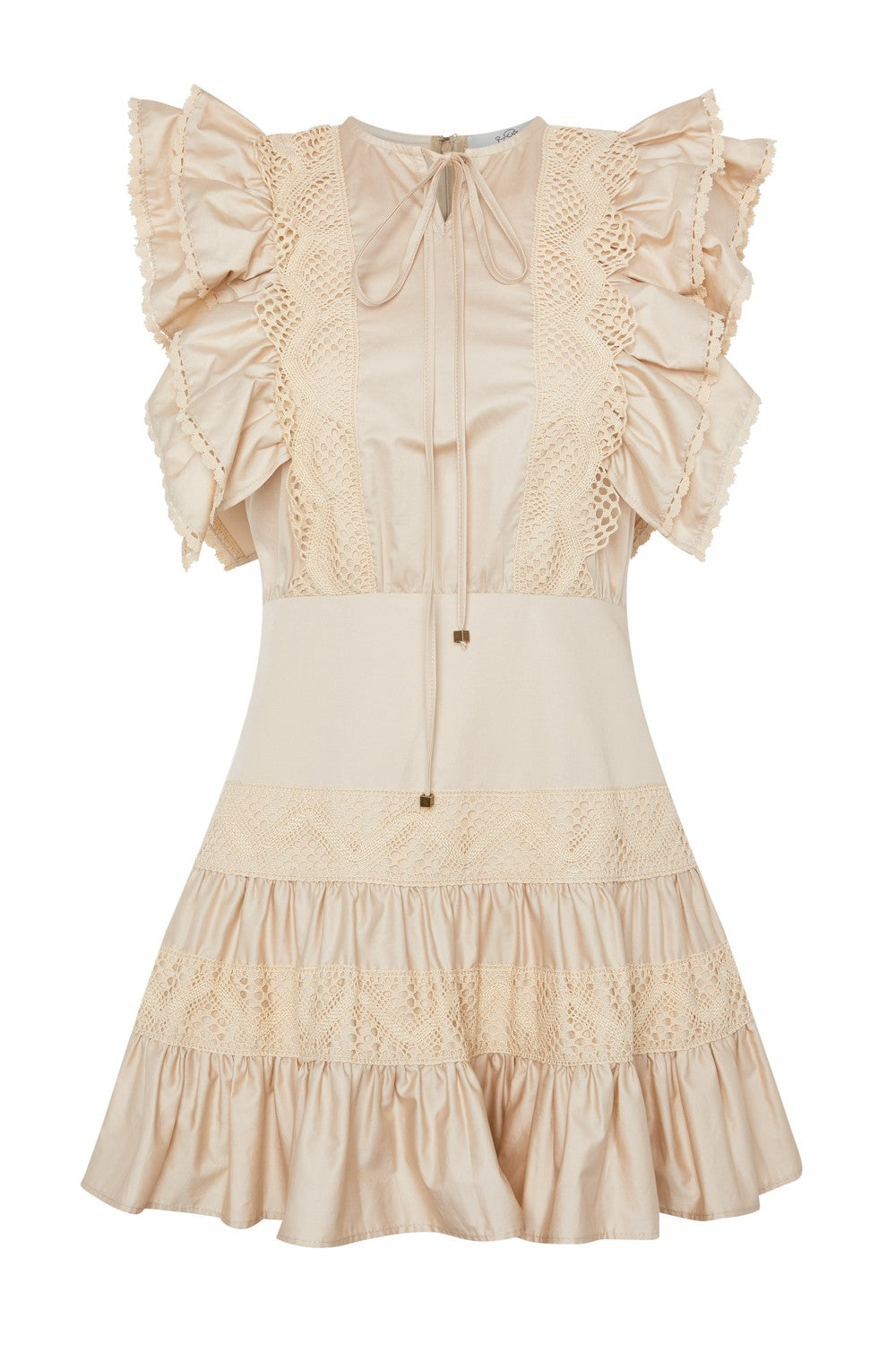 BEIGE ROMANTIC DRESS WITH RUFFLES AND LACE TRIM