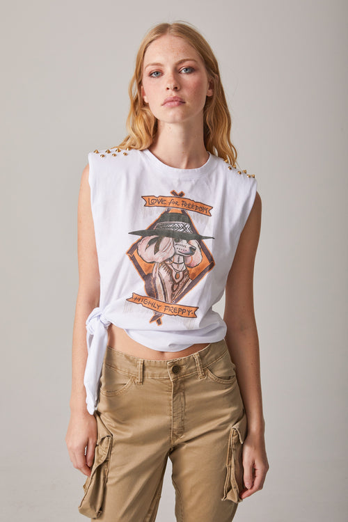 WHITE POODLE PRINT T-SHIRT WITH BOW