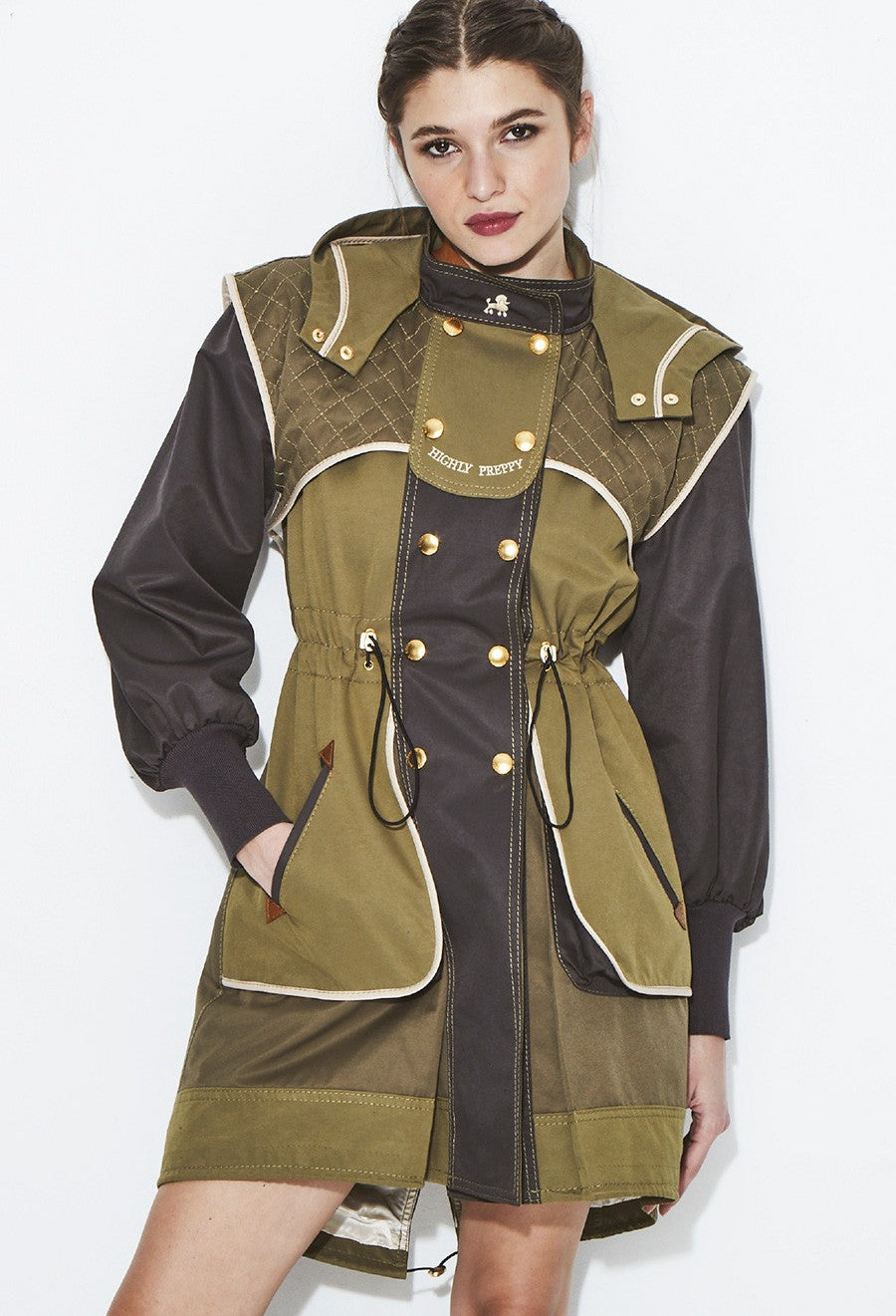 TRENCH COMBINADA LARGA VERDE OLIVA