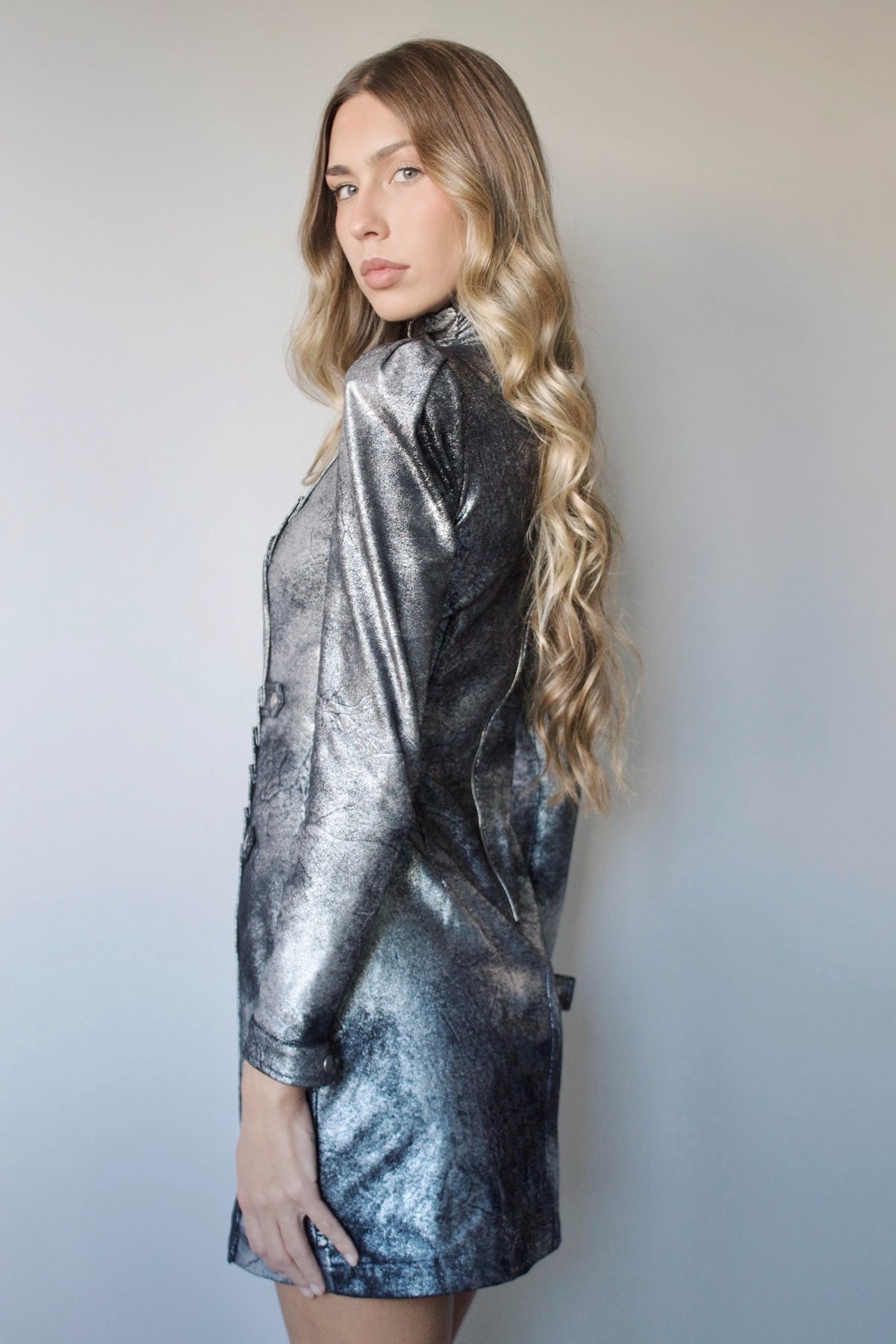 METALLIC SILVER RUCHED DRESS