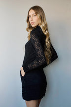BLACK LACE MINI-RUFFLE DRESS