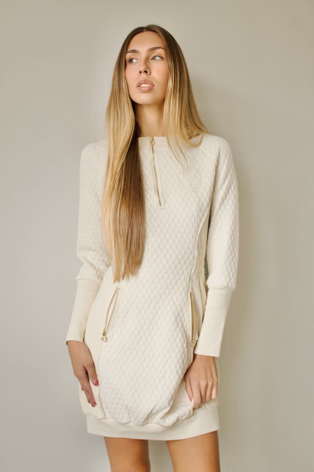CREAM UNIVERSITY QUILTED DRESS