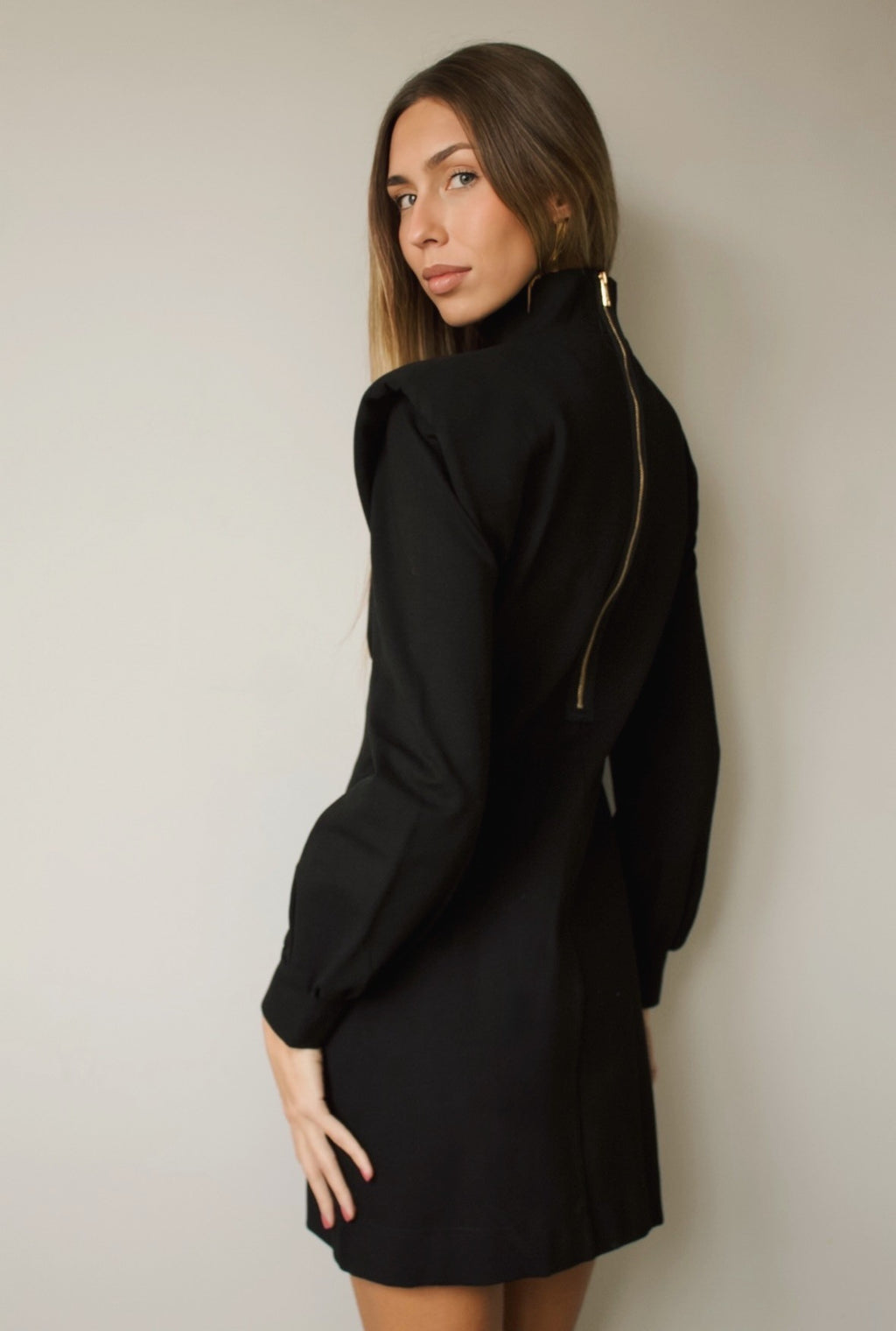 BLACK SHOULDER PAD SHIELD DRESS