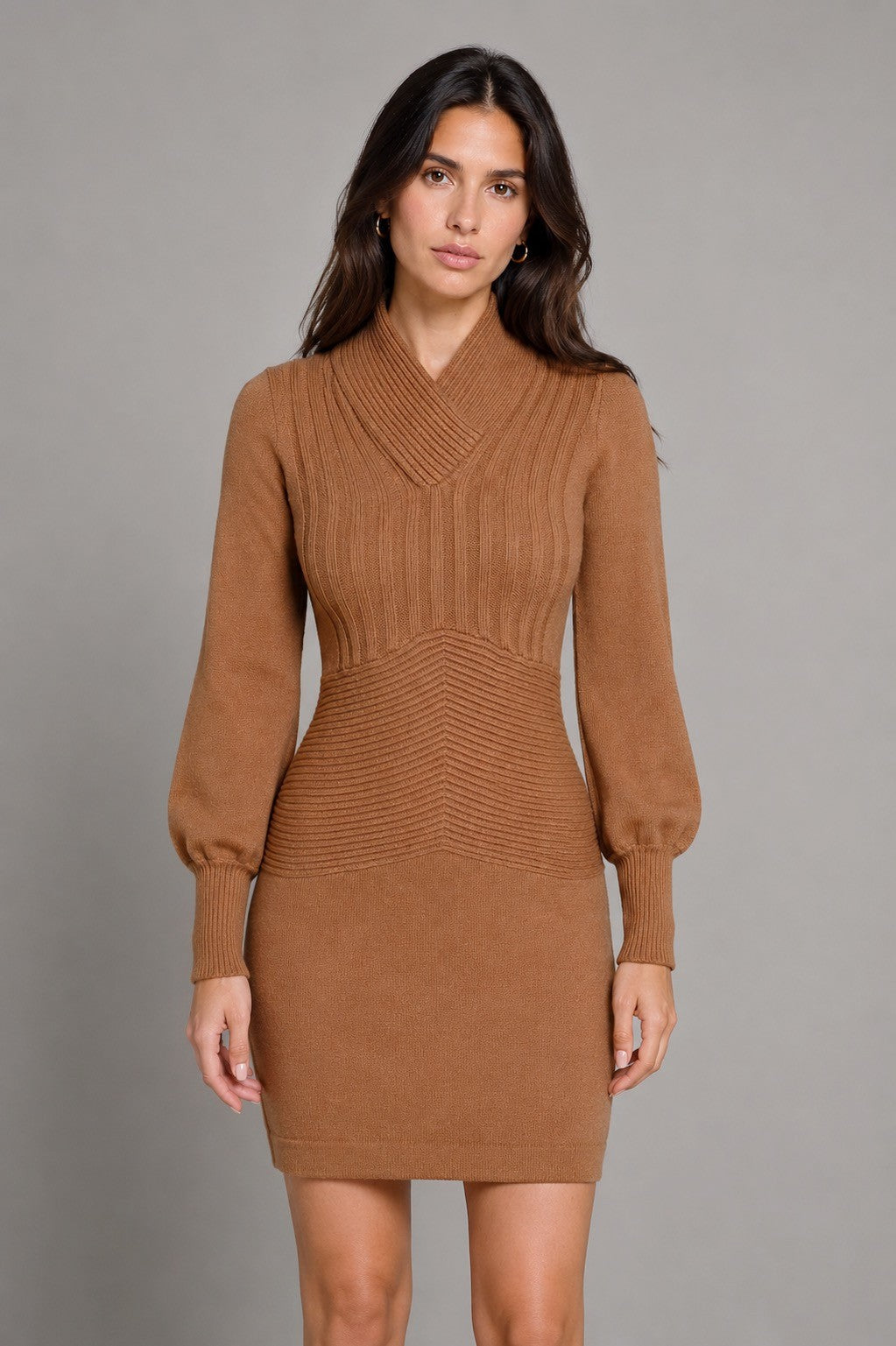 CAMEL RIBBED KNIT DRESS