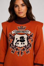 VESTIDO TRICOT HOMBRERAS HP CAMEL