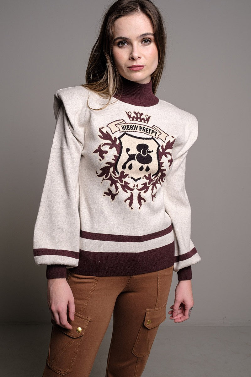 CREAM SHOULDER PAD SWEATER WITH CREST