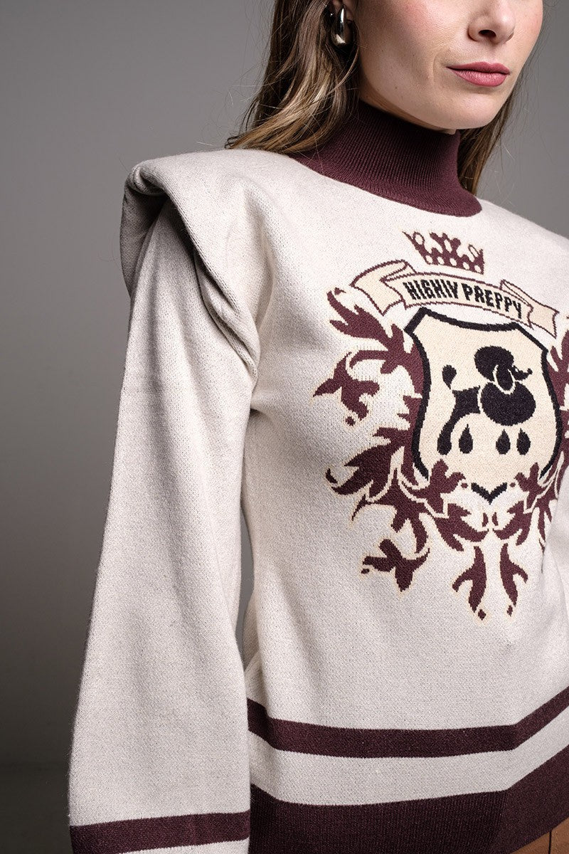 CREAM SHOULDER PAD SWEATER WITH CREST
