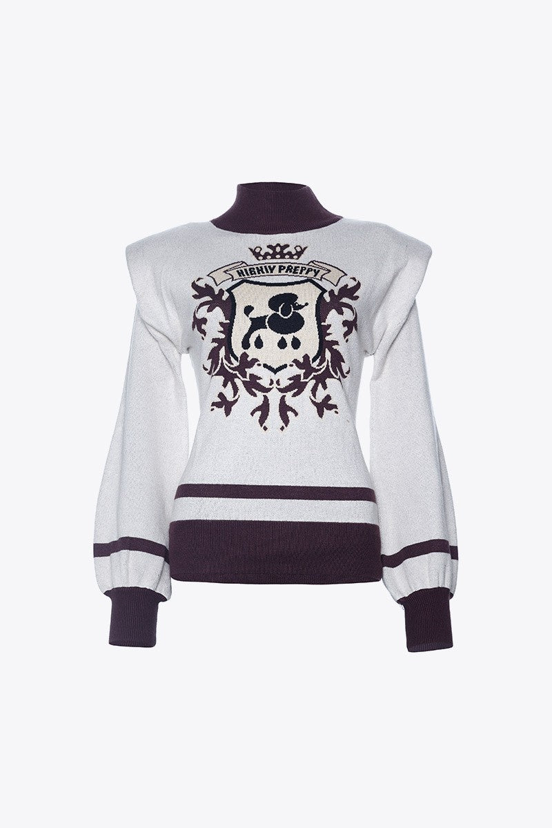CREAM SHOULDER PAD SWEATER WITH CREST